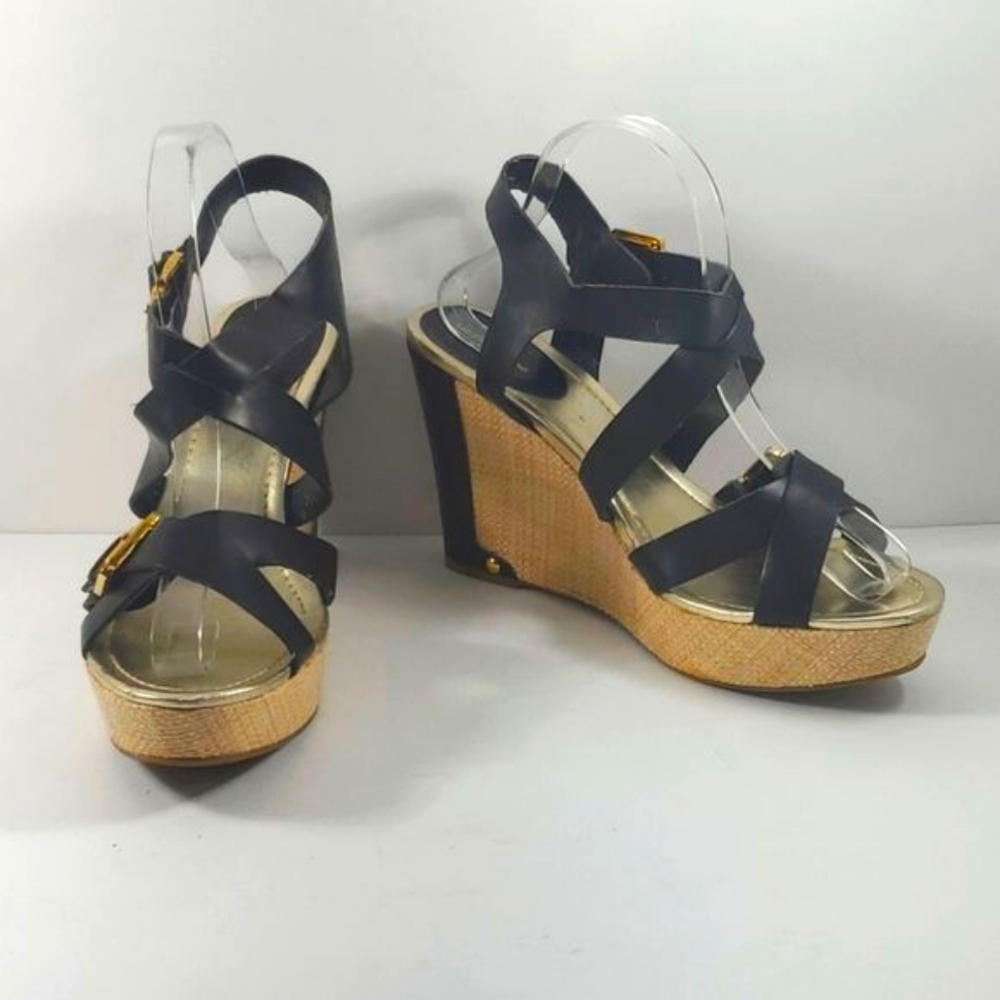 Liz Claiborne Black Wedge Leather Sandals‎ (S532)
